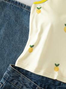 Elladie kids 青少年女孩檸檬刺繡圓領修身不對稱下擺無袖背心上衣 返校季 - 黃色 - 查看 5
