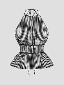 Sweetra Ensemble 2 pièces style Hot Girl, top sans manches minimaliste de couleur unie avec taille cintrée & pantalon coupe slim - Noir et Blanc - Voir 3