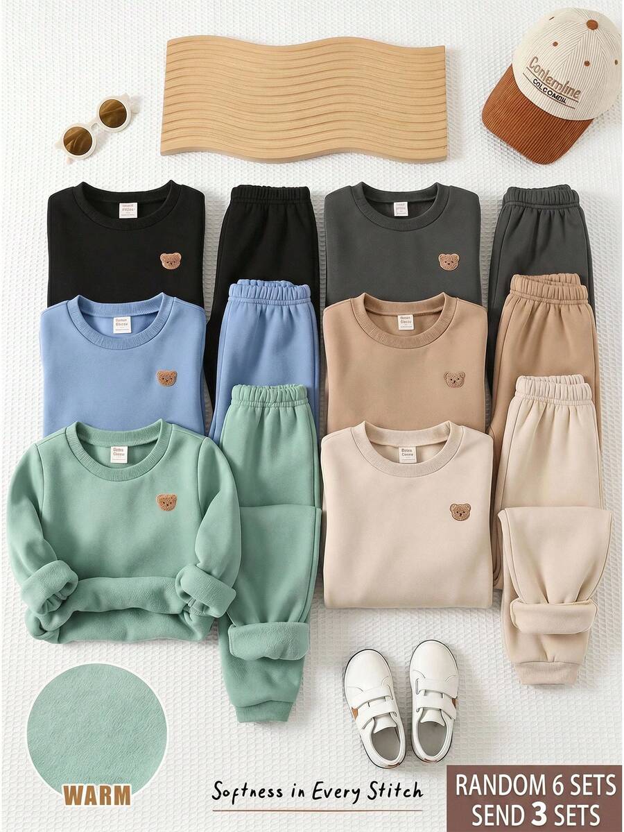 Cozy Pixies [6 Set Acak, Kirim 3 Set] Setelan Anak Laki-Laki: Sweatshirt Lengan Panjang Leher Bulat Motif Patchwork Dekoratif dan Celana Panjang Pinggang Elastis 6pcs Set Nyaman dan Lembut