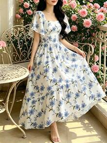 Modelyn 碎花白蓝长款连衣裙，女士时尚方领泡泡袖短款连衣裙，温柔气质长裙，夏季休闲度假风连衣裙 - 彩色 - 查看 4