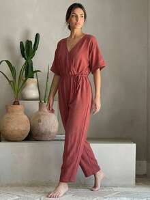 Livesso Women's Solid Color V-Neck Pleated Casual Daily Home Wear Jumpsuit - Burgundy - View 3
