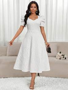 SHEIN Lady Vestido elegante de mujer con escote corazón texturizado y mangas cortas abullonadas - Blanco - Ver 5