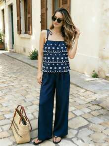 TaskSense Vacation Casual Sexy Breezy 2 In 1 Spaghetti Strap Jumpsuit Beach Vacation Navy Blue Floral Summer - Blue - View 6