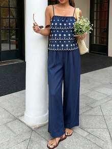 TaskSense Vacation Casual Sexy Breezy 2 In 1 Spaghetti Strap Jumpsuit Beach Vacation Navy Blue Floral Summer - Blue - View 9