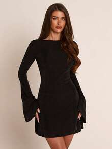 SHEIN BAE Spring/Autumn Black Boat Neck Flared Sleeve Backless Cowl Neck Metal Buckle Cinched Waist Short Dress, Vintage Sexy Style, Suitable For Party, Date, Evening Wear, Birthday Party, Daily Commute - Black - View 4