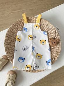 SHEIN Playful Pals Romper Bayi Laki-laki Motif Kepala Beruang Musim Panas dengan Desain Saku, Cocok untuk di Rumah, Santai, Pesta, dan Bepergian - Putih - View 2