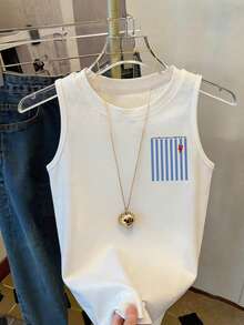 DrmWander Plus Size Striped Heart Print Contrast Color Round Neck Tank Top - White - View 2