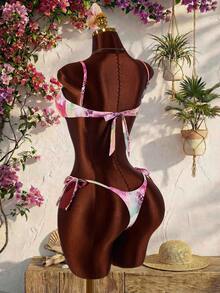 Amplova Women's Swimwear Set With Beaded Leopard Pink Details, Sexy Tropical Avant-Garde, Suitable For Vacation Beach Party Summer - Hot Pink - View 5
