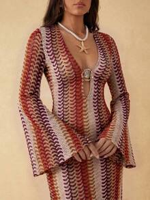Silquee Vestido de malla de punto con cuello en V y manga larga para mujer, primavera/verano - Multicolor - Ver 4