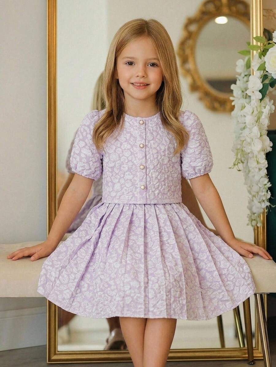 Genkimix Kids 女童休閒優雅白色亮面提花珍珠鈕扣開襟外套搭配百褶裙套裝 - 紫色 - 查看 1