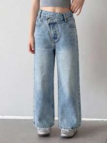 Dazy Kids Girls' Denim Jeans Spring/Summer New Style Back Pocket Rhinestone Flare Leg Jeans (Large) - Medium Wash - View 3