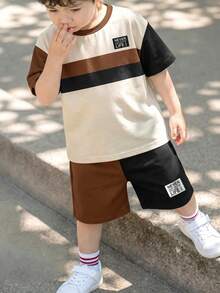 Young Boy Casual Minimalist T-Shirt Set, Classic Retro Striped Pattern Print, Text Logo Print, Suitable For School, Spring Summer Back-To-School - Multicolor - View 3