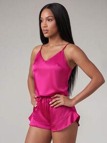 Silforma Women Satin Camisole & Shorts Pajama Set - Hot Pink - View 5