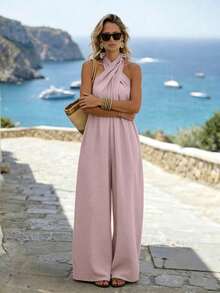 SHEIN Holidaya Mono halter de color caqui para vacaciones de mujer, mono a juego para vacaciones de mujer, conjunto de vacaciones de mujer - Rosa - Ver 1