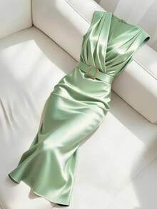 Franclia Women's Elegant Commuter V-Neck Bodycon Slim Fit Business Satin Stretch Shiny Metal Button Dress, Spring/Summer Inner Layer Wedding Dinner Light Green - Mint Green - View 1