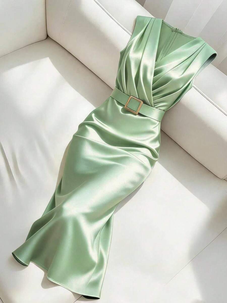 Franclia Women's Elegant Commuter V-Neck Bodycon Slim Fit Business Satin Stretch Shiny Metal Button Dress, Spring/Summer Inner Layer Wedding Dinner Light Green - Mint Green - View 1
