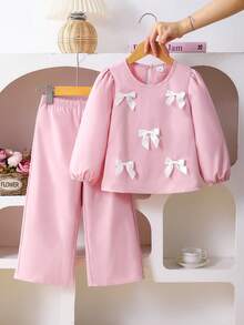 Back To School Young Girl Xiyin 4-7Y 2-Piece Set, 3D Ribbon Bow Detail Puff Long Sleeve Blouse Top With Pink Wide Leg Pants, Spring/Autumn Cute Sweet Fashion Princess Style Outfit, Y2K Aesthetic Daily Campus Play Casual Set - Pink - View 3