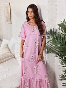 Serenescape Bubble Crinkled Ruffle Patchwork Floral Print Long Nightgown - Pink - View 4