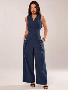 SHEIN PETITE Women's Suits, Elegant For Commuting, 100% Cotton, Comfortable, Suitable For Spring, Summer, Autumn And Winter ,Petite Women - Navy Blue - View 8