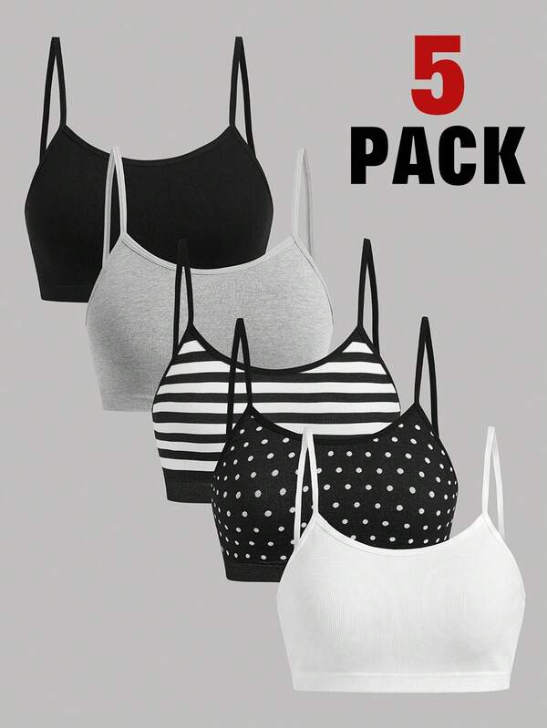 Girlism Conjunto de 5 piezas de sujetador tipo camisola para niña adolescente, cómodo y sencillo, para primavera, verano, otoño e invierno, etapa de crecimiento, nuevo de primavera-verano, de punto, a rayas y con estampado de lunares, camisetas de tirantes