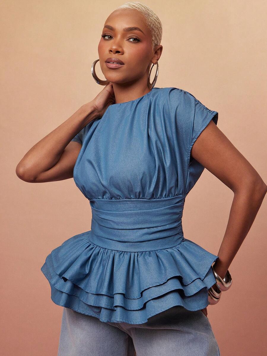 Vixey Round Neck Ruched Short Sleeve Layered Peplum Denim-Look Top, Elevated Casual, Casual Chic, Everyday Style, Off Duty - Blue - View 1