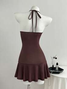 Elamini Vintage Simple American Y2K Millennium Hot Girl Mature Young Lady Daily Commute Beach Vacation Thin Neck Strap Back Tie Adjustable Single Side Vertical Floral Embroidery Print Burgundy Brown Spring Summer Autumn Women's Spaghetti Strap Cami Dress - Brown - View 2