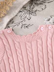SHEIN Vintaside Kids Baby Girl Sweater Crawling Suit, Pullover Pink Checkered Knit With Flutter Sleeves, Ruffle Collar, Jacquard Pattern, Triangle Knit Bodysuit, Cute - Pink - View 3