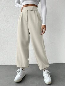 EURMUSE Cone Shaped Women Grey Suit Pants With Detailed Waist - Cream - View 3