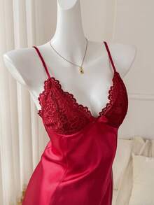 Moireta Ladies' Lace Patchwork Cami Sleep Dress Pajama Dress Bridallingerie - Red - View 4