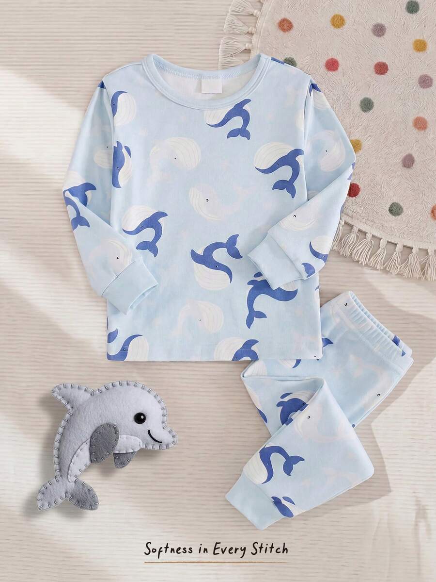 Cozy Pixies 婴儿/幼儿粉蓝海豚鲸鱼印花长袖上衣和裤子套装,弹力休闲装,长袖套头衫搭配松紧腰裤子,海洋图案,适合所有季节 - 彩色 - 查看 1