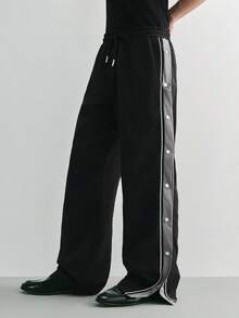 Sonviro 男士休闲运动裤，侧面撞色饰边和纽扣设计，抽绳腰部口袋直筒拼色纽扣休闲运动裤，适合送给丈夫或男朋友的礼物，秋季 - 黑色 - 查看 1