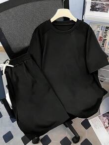 SHEIN Teen Boy 2pcs Teen Boys' Casual Loose Comfortable Logo Decor Short Sleeve Top And Shorts Set, Spring/Summer - Black - View 5