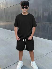 SHEIN Teen Boy 2pcs Teen Boys' Casual Loose Comfortable Logo Decor Short Sleeve Top And Shorts Set, Spring/Summer - Black - View 6