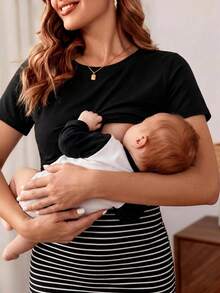 SHEIN 孕婦條紋印花哺乳連衣裙 - 黑色 - 查看 4