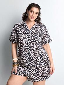 Slumbrini 2pcs Women Pajama Set, Leopard Print, Ladies Homewear, Spring/Summer Holiday Outfit, Short Sleeve Lapel Top And Shorts Can Be Worn Outerwear - Brown - View 5
