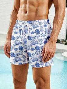 Manfinity Swimmode Men's Marine Life Print Drawstring Waist Pocket Beach Shorts Holiday / Vacation / Beach / Hawaii / Tropical / Swim /  Bathing - Blue - View 4