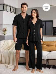 CoupledUp 男士開襟休閒睡衣家居服套裝 - 黑色 - 查看 1