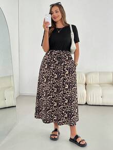 SHEIN Essnce 大尺碼女款春夏時尚休閒彈性舒適日常基礎百搭修身黑色拼接豹紋收腰中長洋裝，附口袋，極簡風格，戶外穿著 - 黑色 - 查看 6