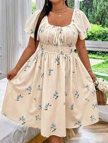 SHEIN MOOSTA Gaun Liburan Kasual Motif Bunga Ukuran Besar - Khaki - View 3