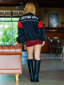 Bela Noronha Letter Print Contrast Color Drop Shoulder Bomber Jacket For New Year Clothes Black - Black - View 2