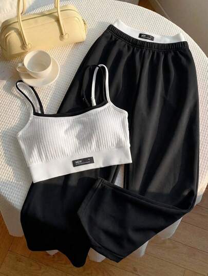 Comfortcana Casual Sports Colorblock Tank Top 2 In 1 Pants Set Gym White Black Summer