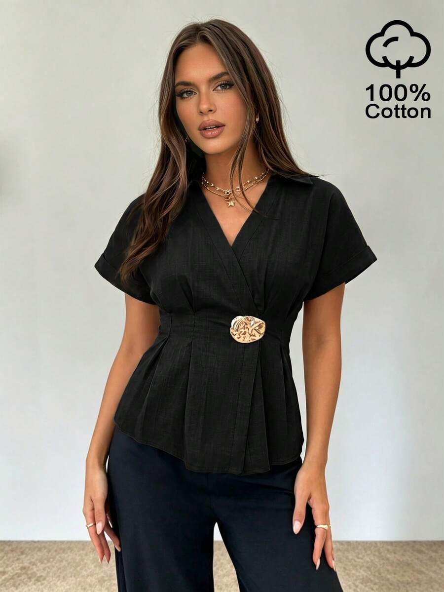 Avenya Metal Decor Elegant Blouse, Ruffle Design Slim Fit For Women - Black - View 1