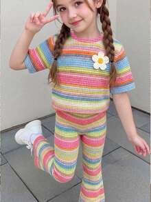 Young Girl Casual Simple Cartoon Print Round Neck Short Sleeve Top And Flare Pants 2-Piece Set Suitable For Summer - Multicolor - View 1