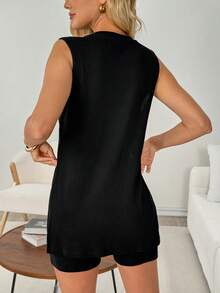 SHEIN LUNE 休閒女款純棉開衩下擺兩件式運動服套裝 - 黑色 - 查看 3