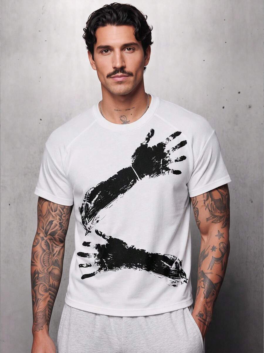 GENTILAND Kaos Kasual Pria dengan Cetakan Huruf & Pohon Palem, Kerah Bulat, Lengan Pendek, Musim Panas, Kaos Grafis dengan Cetakan Pohon Palem di Bagian Belakang, Liburan - Putih - View 1