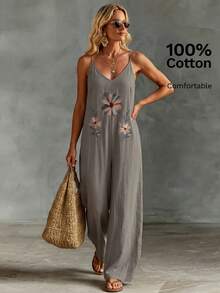 Faunlyn Women's Vacation Casual Floral Embroidered Spaghetti Strap Jumpsuit - Multicolor - View 4