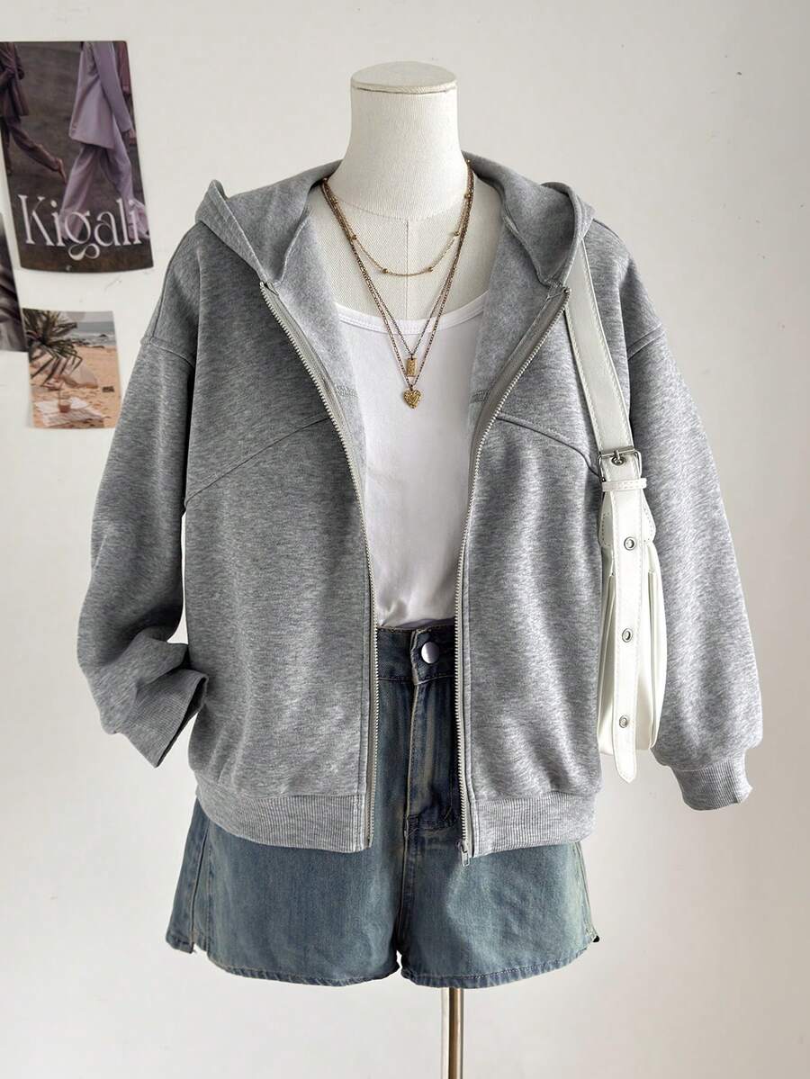 SHEIN 青少年女孩上學穿著運動衫,寬鬆舒適灰色日常休閒時尚百搭街頭風,秋冬上學穿搭 - 灰色 - 查看 1