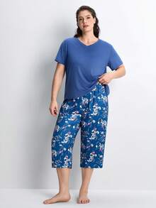 Slumbrini Conjunto de pijama de talla grande con estampado, cuello en V y manga corta - Azul Marino - Ver 1