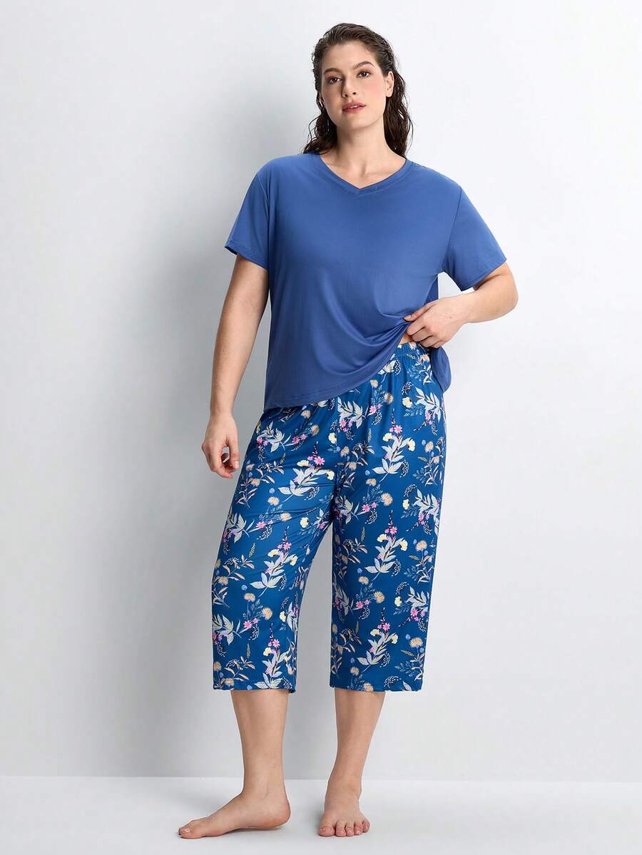 Slumbrini Conjunto de pijama de talla grande con estampado, cuello en V y manga corta - Azul Marino - Ver 1