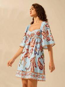 CAJUNI Women's Boho Tropical Floral Print, Vintage Holiday Casual Short Dress - Baby Blue - View 4